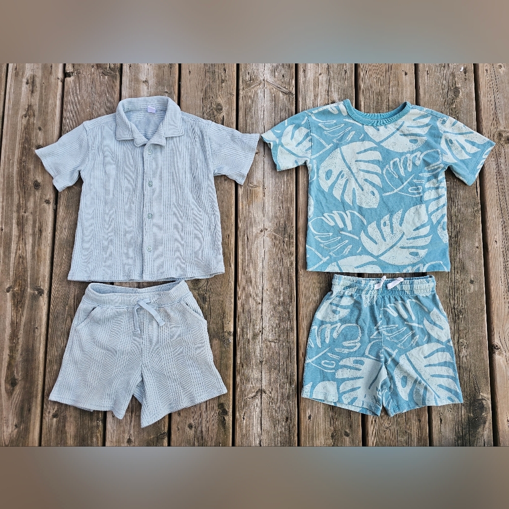 Joe Fresh 2 Full Boy Outfits 5T Blue Waffle Set & Leaf Print Set
